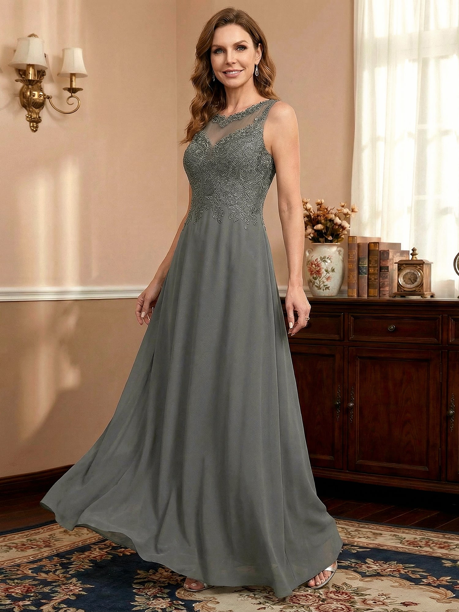 A-line Scoop Illusion Floor-Length Lace Chiffon Mother of the Bride Dress With Sequins