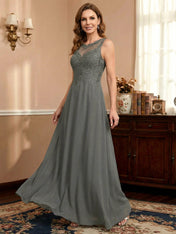 A-line Scoop Illusion Floor-Length Lace Chiffon Mother of the Bride Dress With Sequins