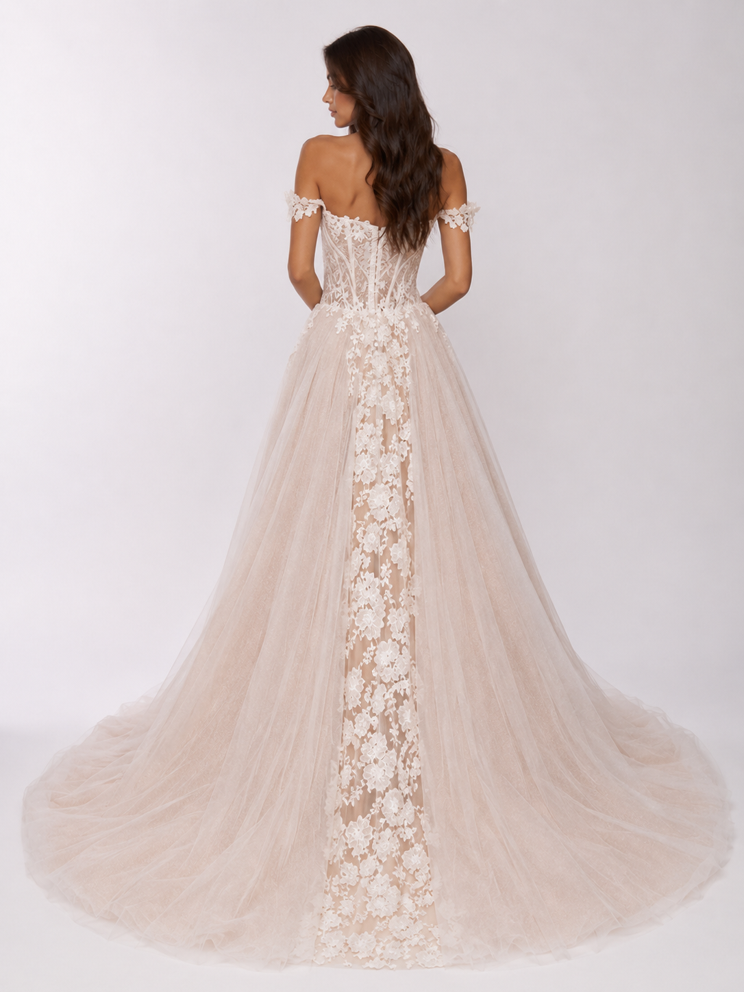 Elegant Off-the-Shoulder Lace Applique Glitter Tulle A-Line Wedding Dress with Chapel Train