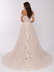Elegant Off-the-Shoulder Lace Applique Glitter Tulle A-Line Wedding Dress with Chapel Train