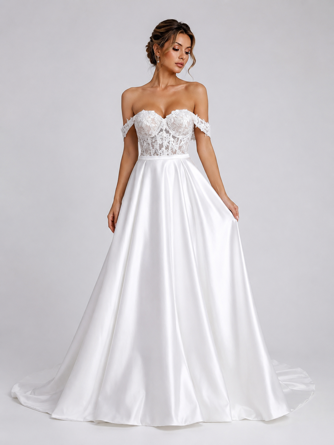 Elegant Off-the-Shoulder Lace Bodice Satin A-Line Wedding Dress with Chapel Train