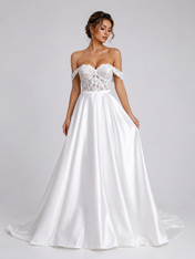 Elegant Off-the-Shoulder Lace Bodice Satin A-Line Wedding Dress with Chapel Train