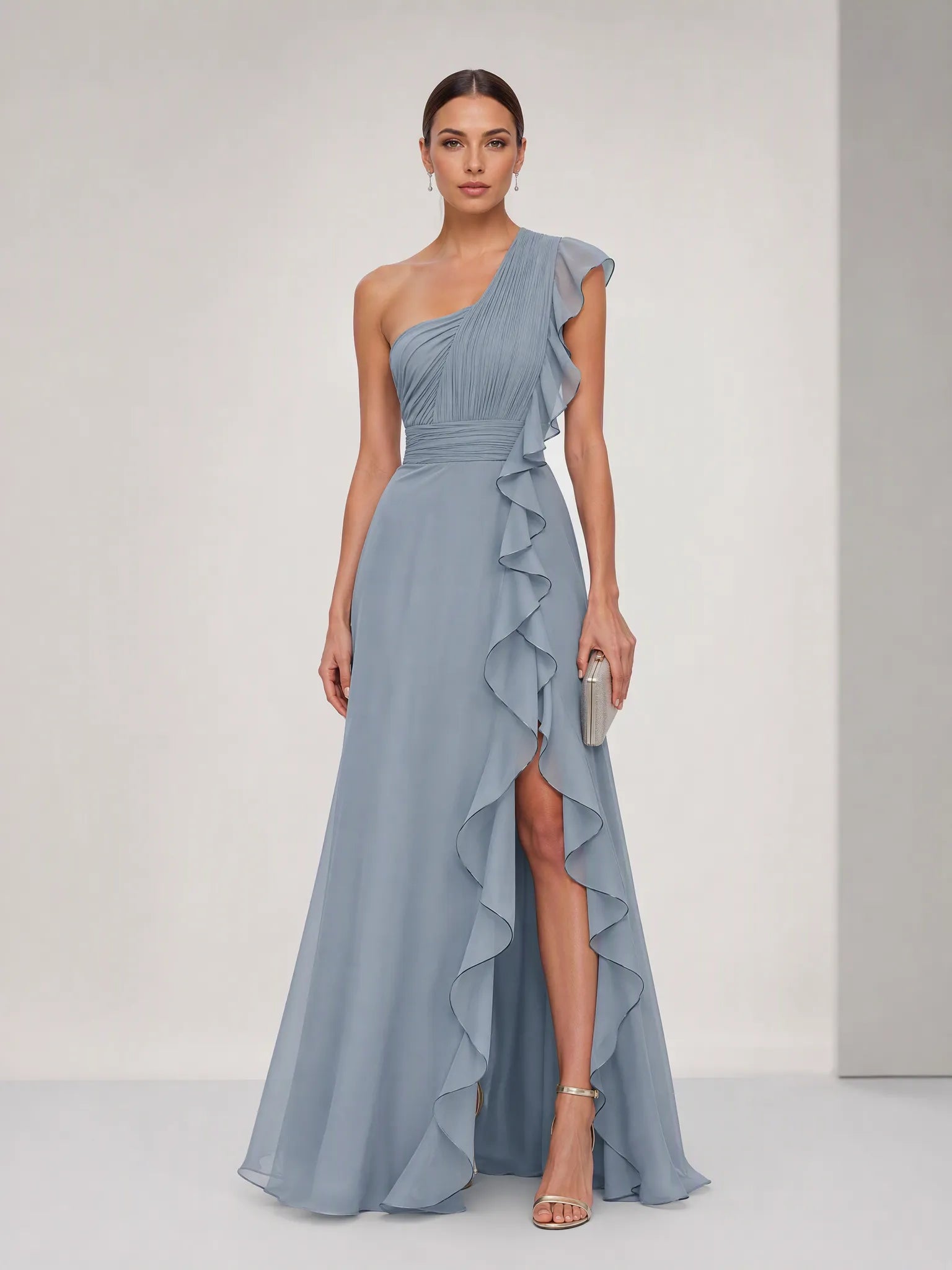 Dusty Blue One-Shoulder Ruffle Evening Dress with High Slit
