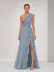 Dusty Blue One-Shoulder Ruffle Evening Dress with High Slit