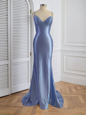 Blue Mermaid Spaghetti Straps V-Neck Rhinestone Long Prom Dress