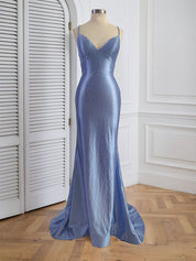 Blue Mermaid Spaghetti Straps V-Neck Rhinestone Long Prom Dress