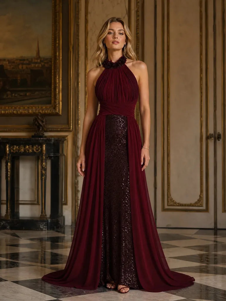 Elegant Burgundy Halter Sequin Evening Dress with Chiffon Overlay