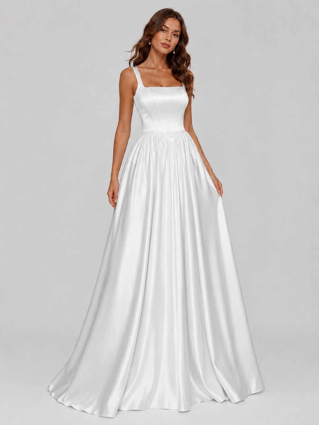 Elegant Square Neckline Satin A-Line Wedding Dress with Sweep Train