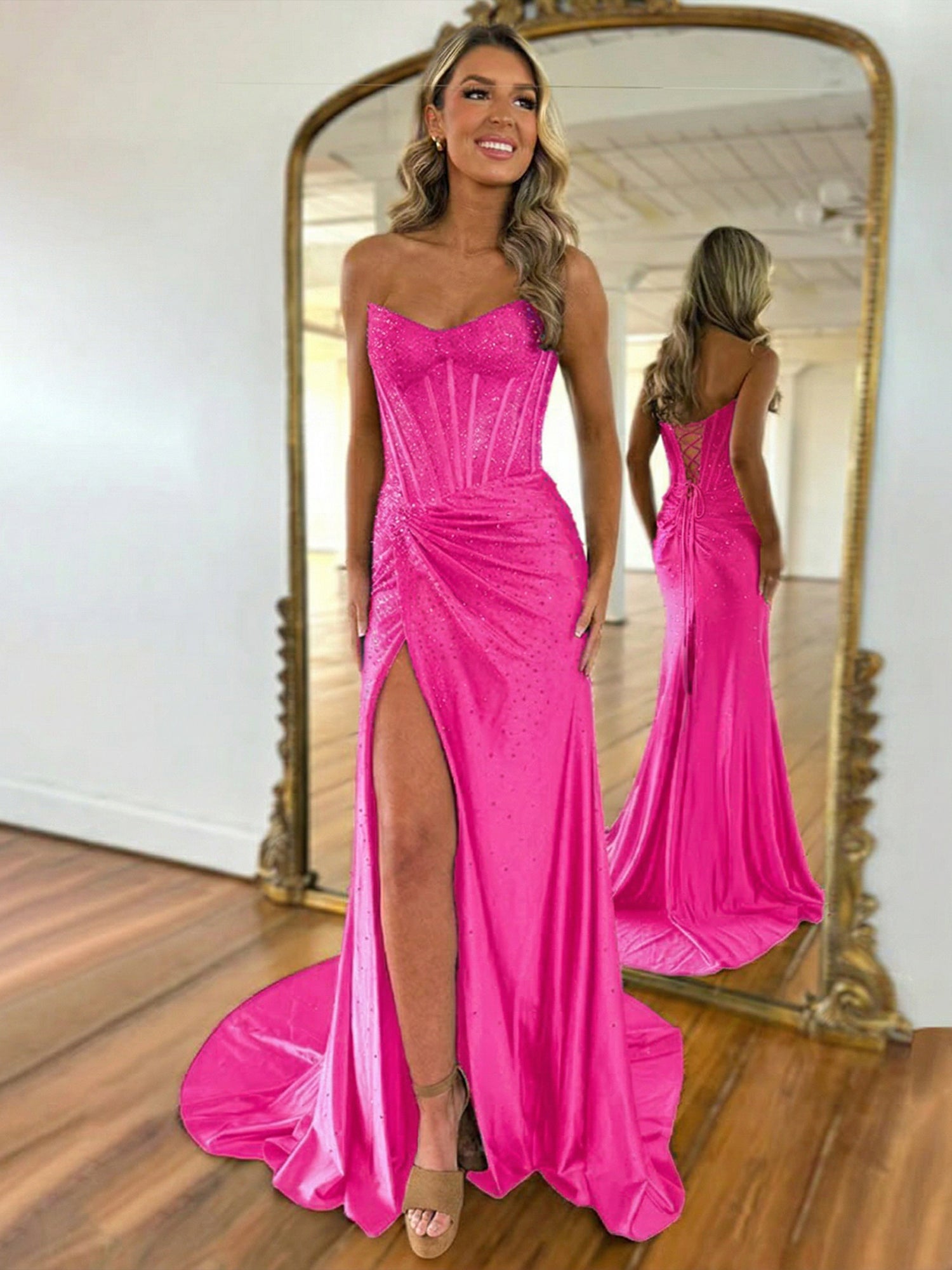 Green Mermaid Strapless Corset Beaded Prom Dress with Slit