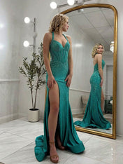 Sparkly Pink Mermaid Beaded Corset Long Prom Dress with Slit