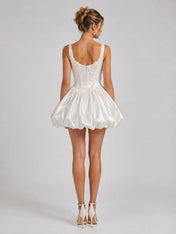 Elegant Satin Mini Wedding Dress with Corset Bodice, Pearls and Bubble Skirt