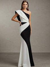 Party One-Shoulder Formal Dress Black White Maxi Dress