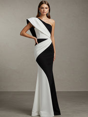 Party One-Shoulder Formal Dress Black White Maxi Dress