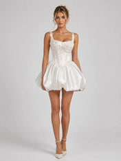 Elegant Satin Mini Wedding Dress with Corset Bodice, Pearls and Bubble Skirt