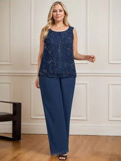 Separates Jumpsuit/Pantsuit Scoop Floor-Length Lace Chiffon Mother of the Bride Dress With Sequins