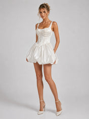 Elegant Satin Mini Wedding Dress with Corset Bodice, Pearls and Bubble Skirt