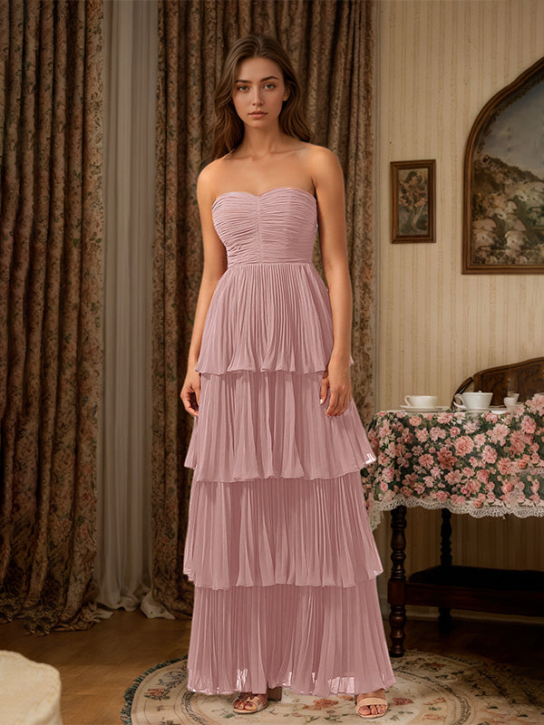 Burgundy A-Line Sweetheart Floor Length Tiered Chiffon Bridesmaid Dress