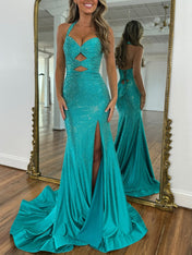 Sparkly Mermaid Keyhole Long Beaded Prom Dress with Slit