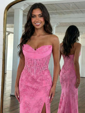 Strapless Corset Lace Floral Prom Dress with Thigh-High Slit