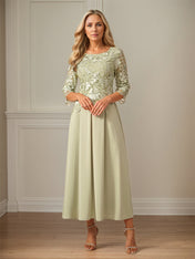 Crew Neck  A Line Ruffle Ruched Lace Maxi Dress Mother Of The Bride Dress