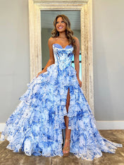 Pink A-Line Strapless Sweetheart Print Tiered Tulle Long Prom Dress with Slit