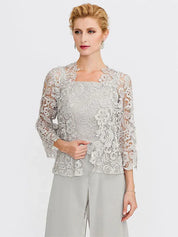 Ensemble 3 pièces en mousseline de soie avec col carré et veste pour mère de la mariée 