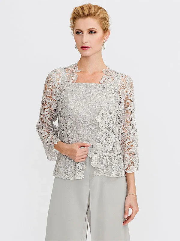 Ensemble 3 pièces en mousseline de soie avec col carré et veste pour mère de la mariée 