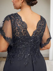 A-line V-Neck Floor-Length Lace Chiffon Mother of the Bride Dress With Sequins
