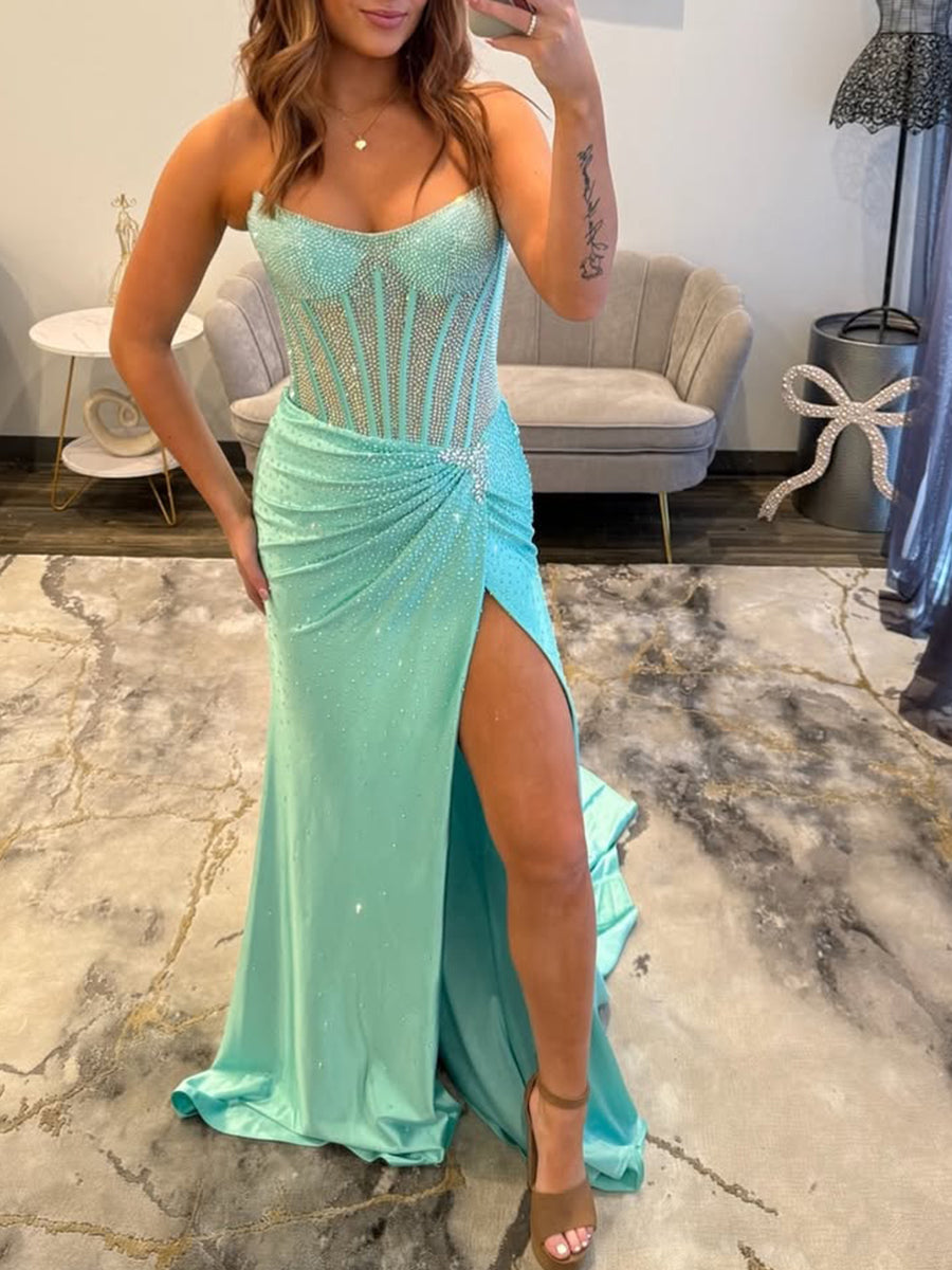 Red Mermaid Strapless Corset Beaded Prom Dress with Slit