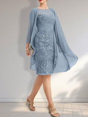 Sheath Scoop Illusion Knee-Length Lace Chiffon Mother of the Bride Dress With Cascading Ruffles Sequins