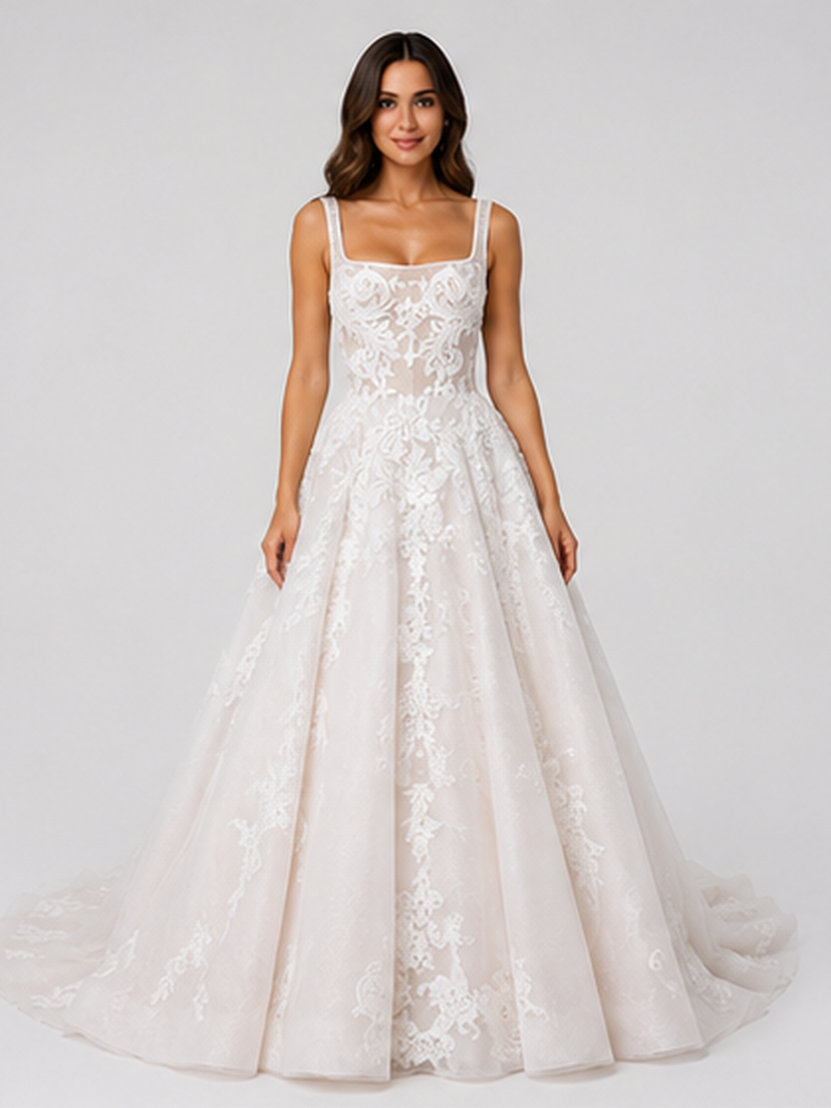 Elegant Floral Applique Tulle A-Line Wedding Dress with Sweep Train
