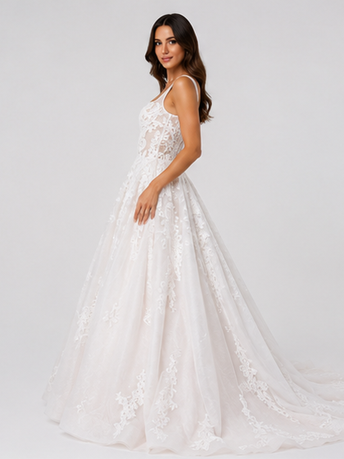 Elegant Floral Applique Tulle A-Line Wedding Dress with Sweep Train
