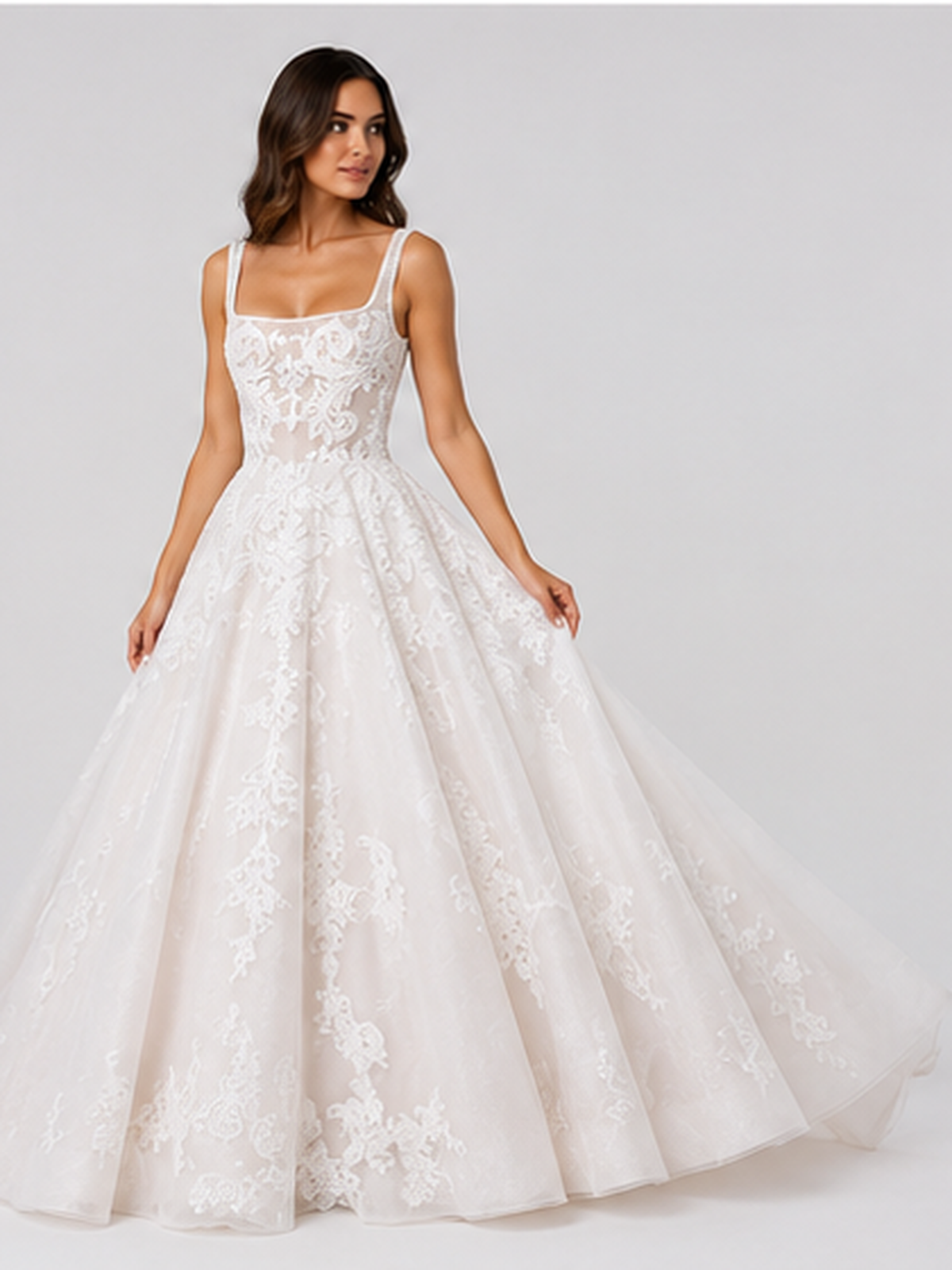 Elegant Floral Applique Tulle A-Line Wedding Dress with Sweep Train