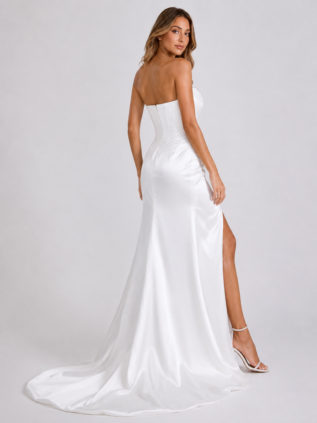 Elegant Strapless Ruched Satin Sheath Wedding Dress with High Slit and Chapel Train