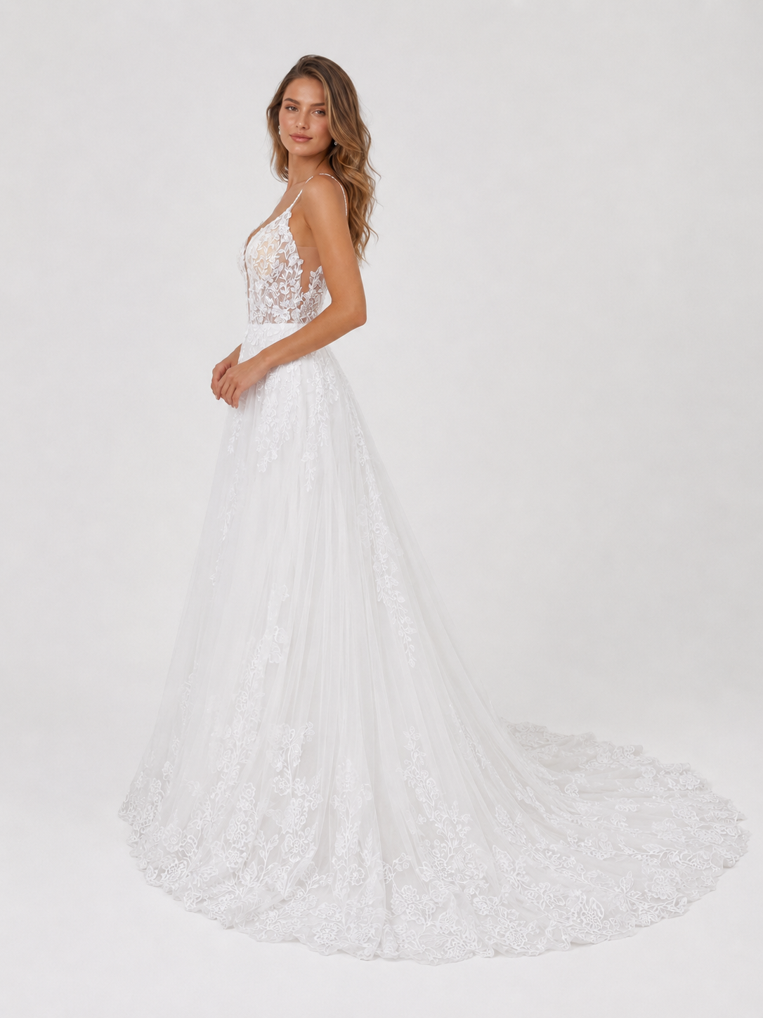Elegant V-Neck Spaghetti Strap Lace Appliquéd Tulle A-Line Wedding Dress with Chapel Train