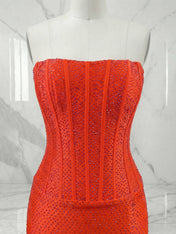Orange Strapless Beaded Corset Prom Dress with Slit