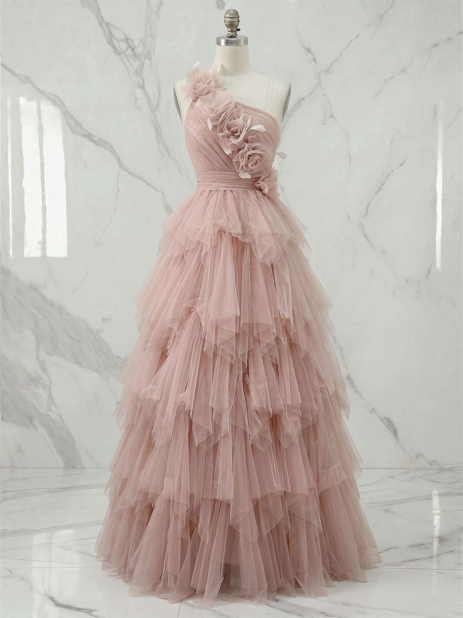 Whimsical Dusty Rose One-Shoulder 3D Floral Cascading Ruffle Formal Evening Gown