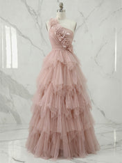 Whimsical Dusty Rose One-Shoulder 3D Floral Cascading Ruffle Formal Evening Gown