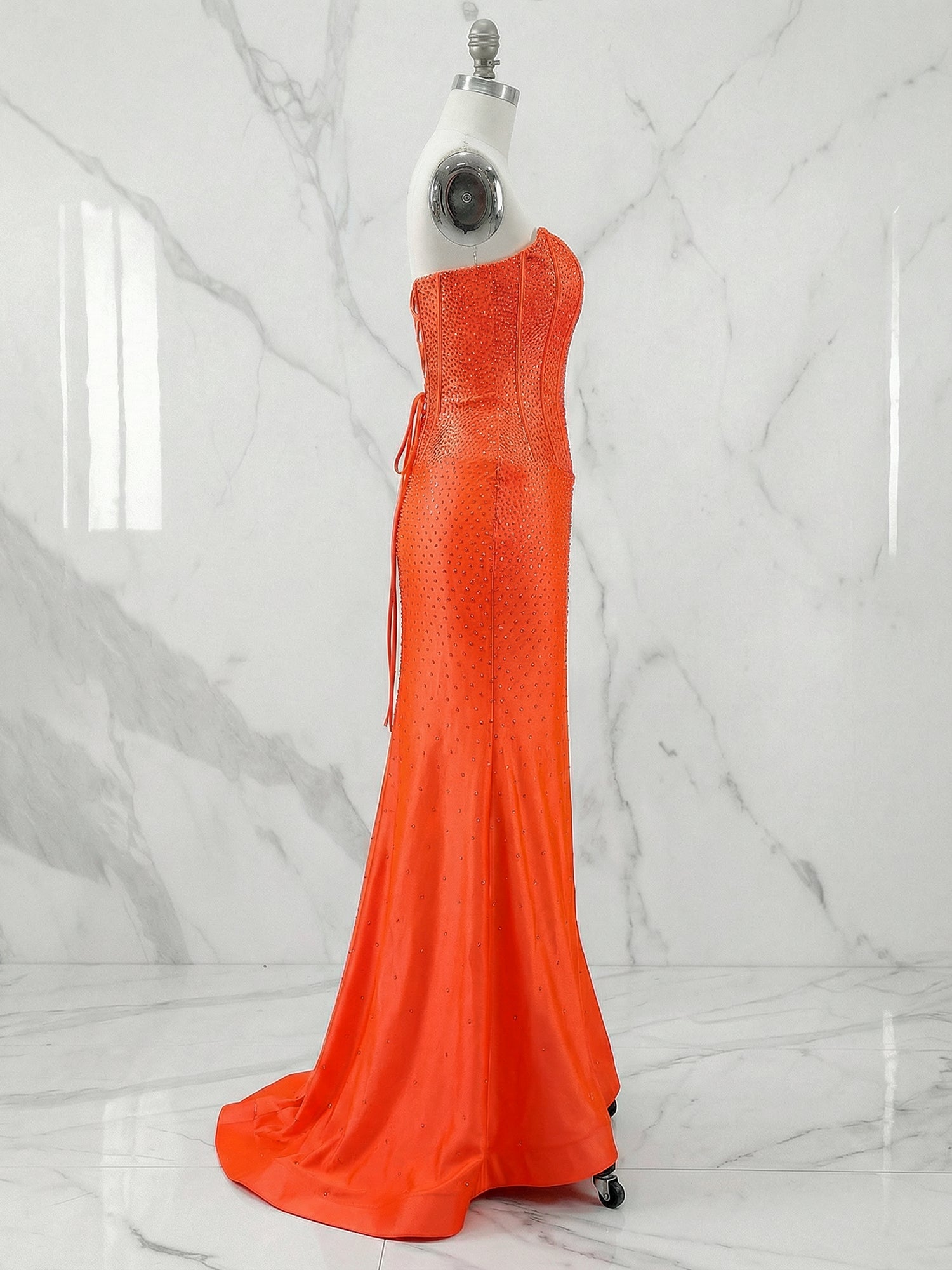 Orange Strapless Beaded Corset Prom Dress with Slit