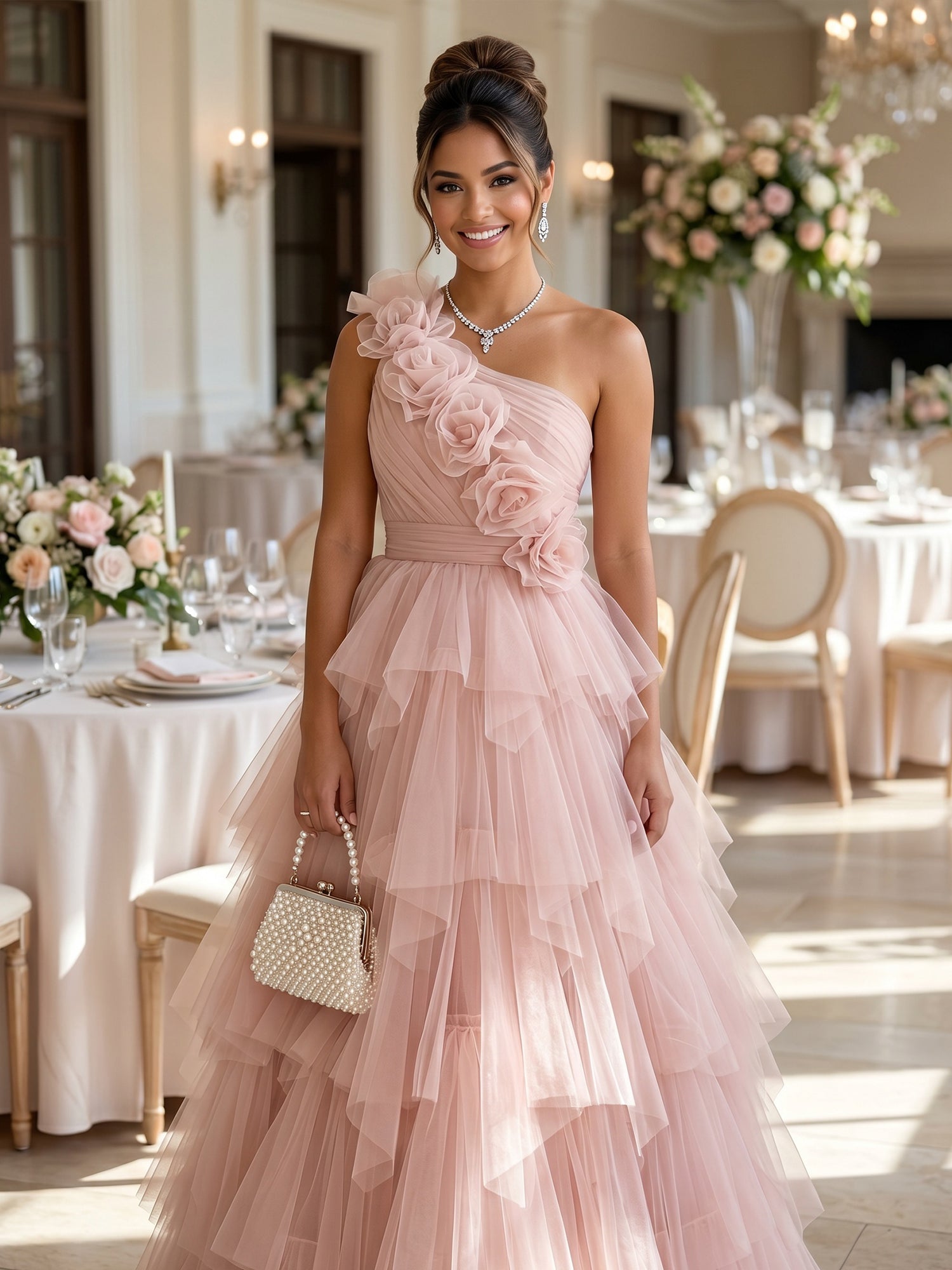 Whimsical Dusty Rose One-Shoulder 3D Floral Cascading Ruffle Formal Evening Gown