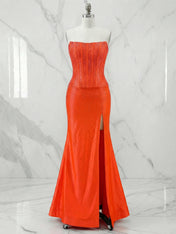 Orange Strapless Beaded Corset Prom Dress with Slit