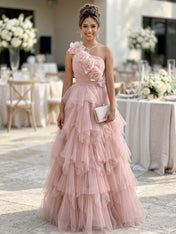 Whimsical Dusty Rose One-Shoulder 3D Floral Cascading Ruffle Formal Evening Gown