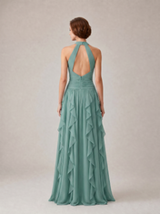 Puff Sleeve Column V-Neck Floor-Length Evening Dresses with Contrast Bow