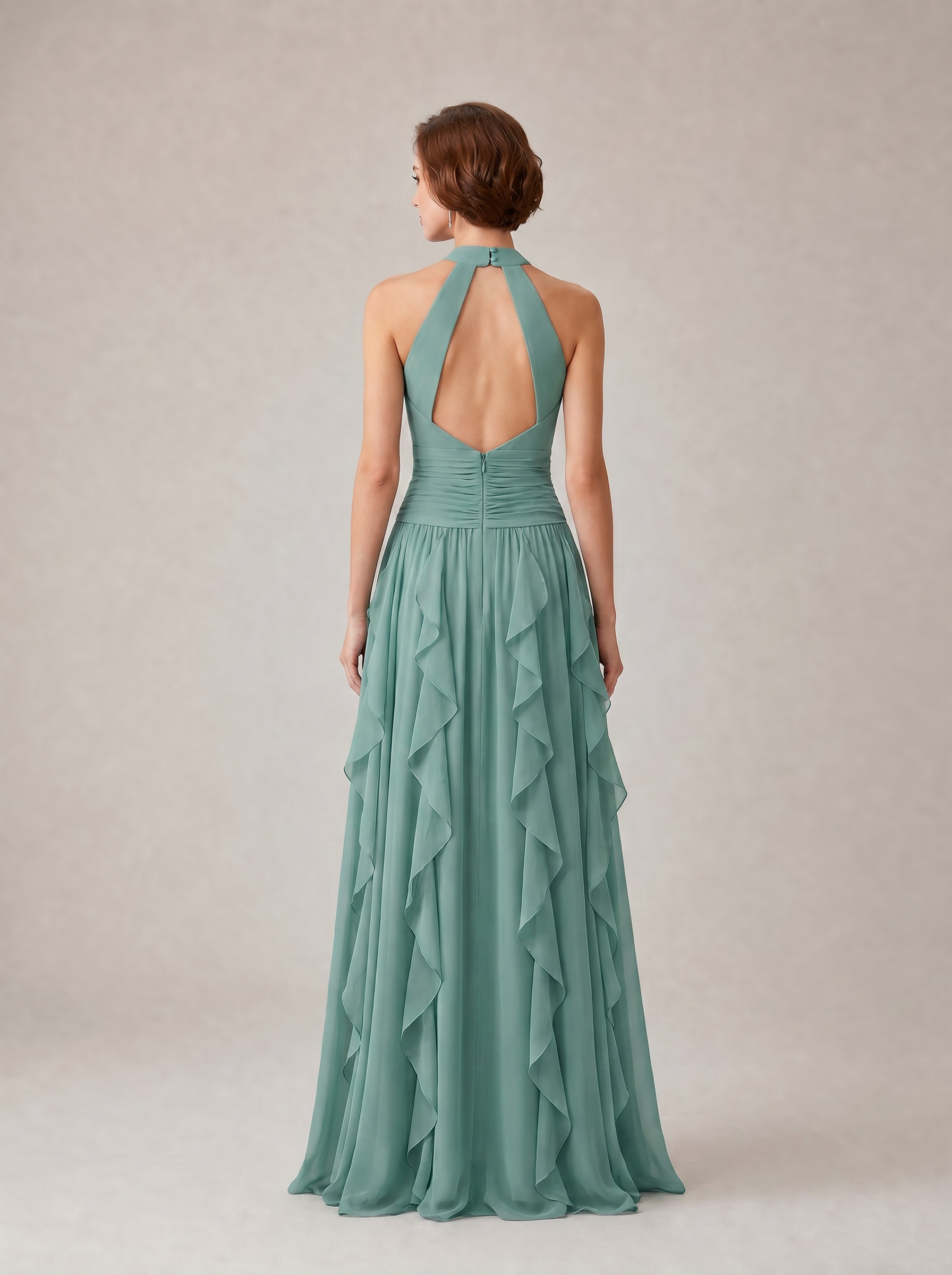 Puff Sleeve Column V-Neck Floor-Length Evening Dresses with Contrast Bow