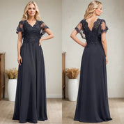 A-line V-Neck Floor-Length Lace Chiffon Mother of the Bride Dress With Sequins