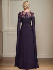 Sheath/Column Scoop 1/2 Sleeve Floor-Length Lace Chiffon Mother of the Bride Dress With Sequins