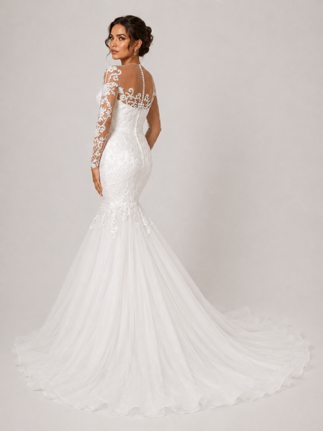 Elegant Long-Sleeve Illusion Lace Mermaid Wedding Dress with Chapel Train