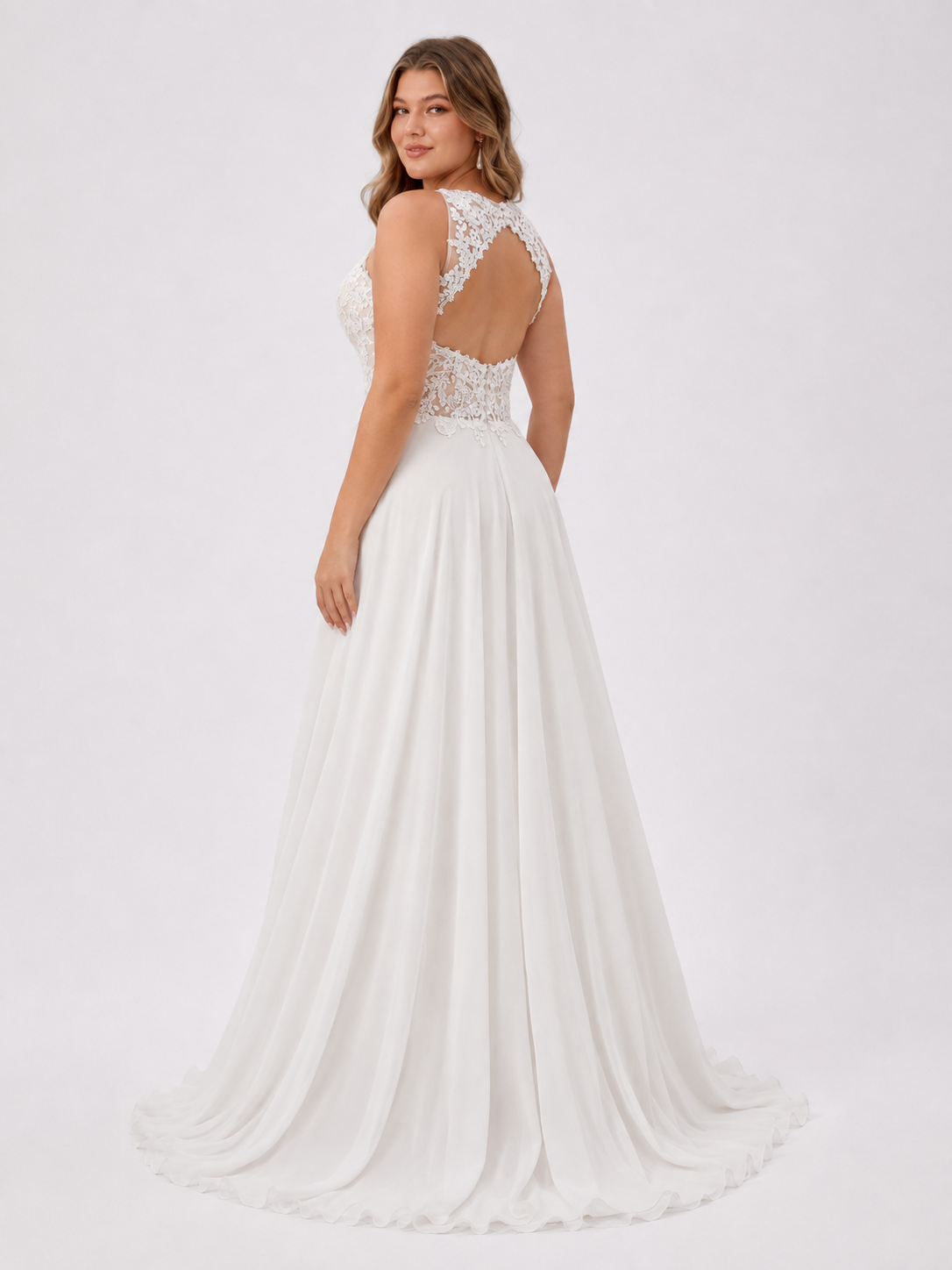 Elegant V-Neck Lace Applique Chiffon A-Line Wedding Dress with Keyhole Back