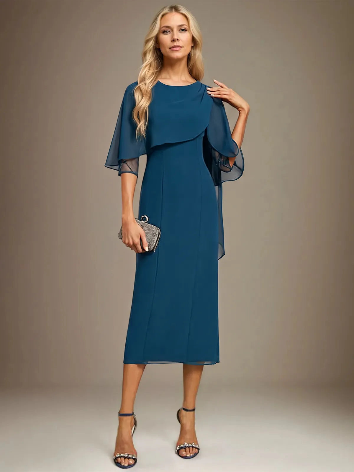 Sheath/Column Scoop Tea Length Chiffon Dress With Pleated Beading