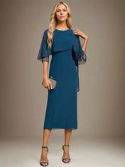 Sheath/Column Scoop Tea Length Chiffon Dress With Pleated Beading
